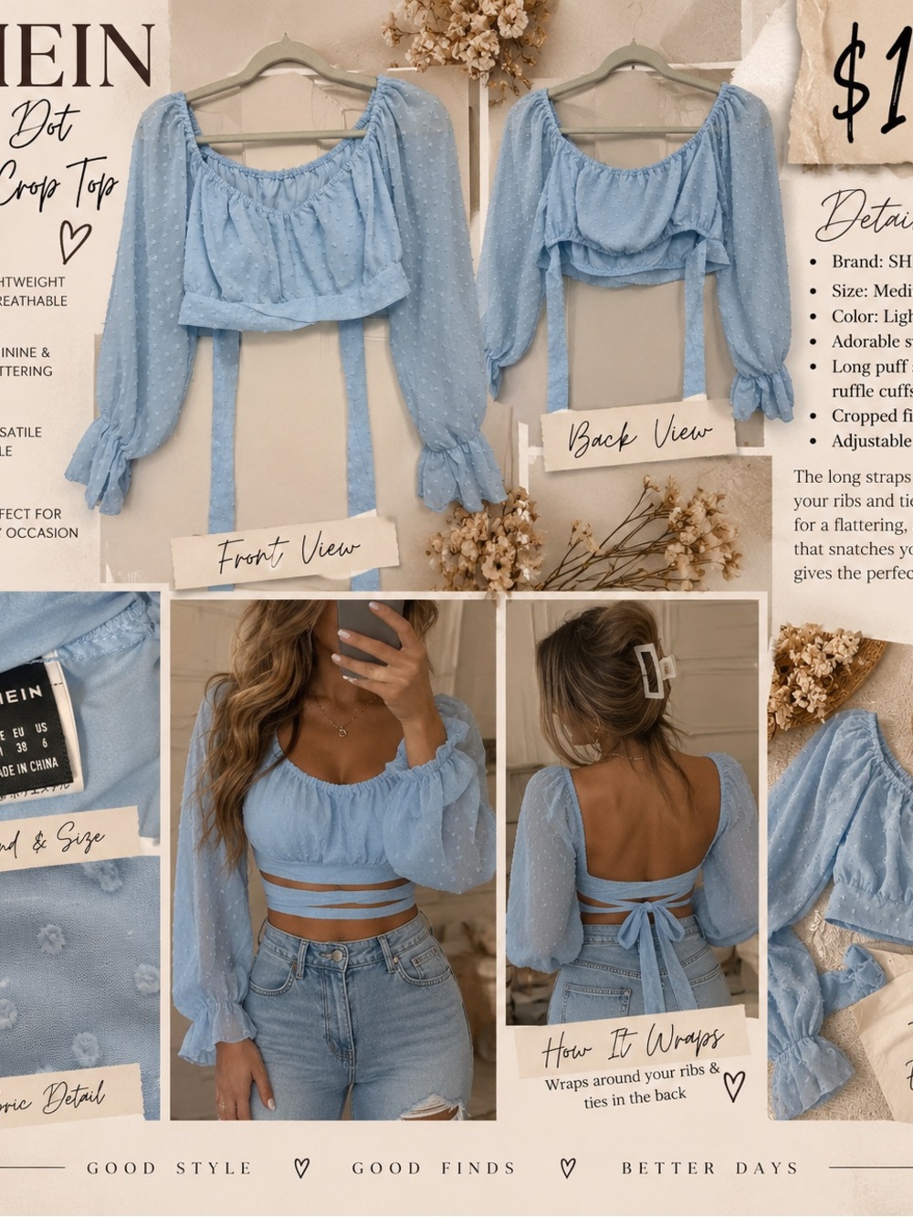 SHEIN Light Blue Puff Sleeve Tie-Back Crop Top